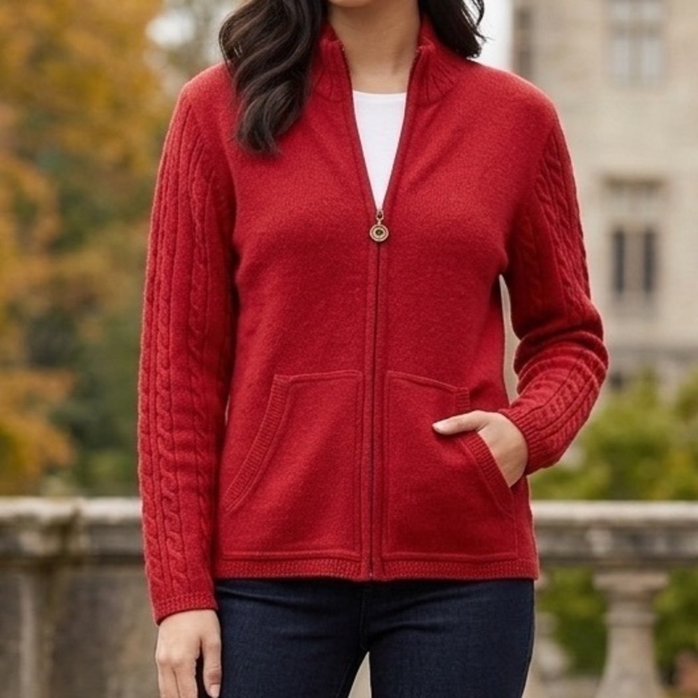 Jantzen Classics Red Full Zip Cable Knit Sleeve Cardigan Sweater Mock Neck M